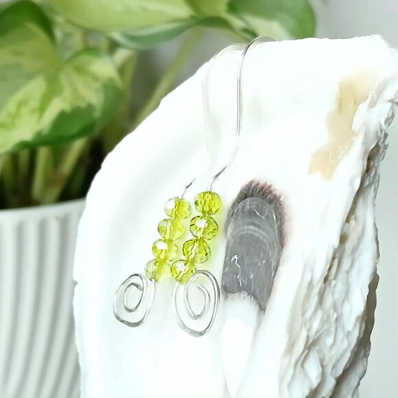 Hammered Beaded Dangle Earrings, Faceted Green Glass, 1.75" - Picture 2 of 3